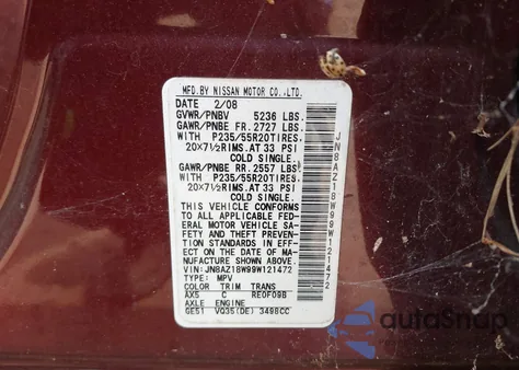 2009 Nissan Murano Le z USA, uszkodzony, nr VIN JN8AZ18W99W121472